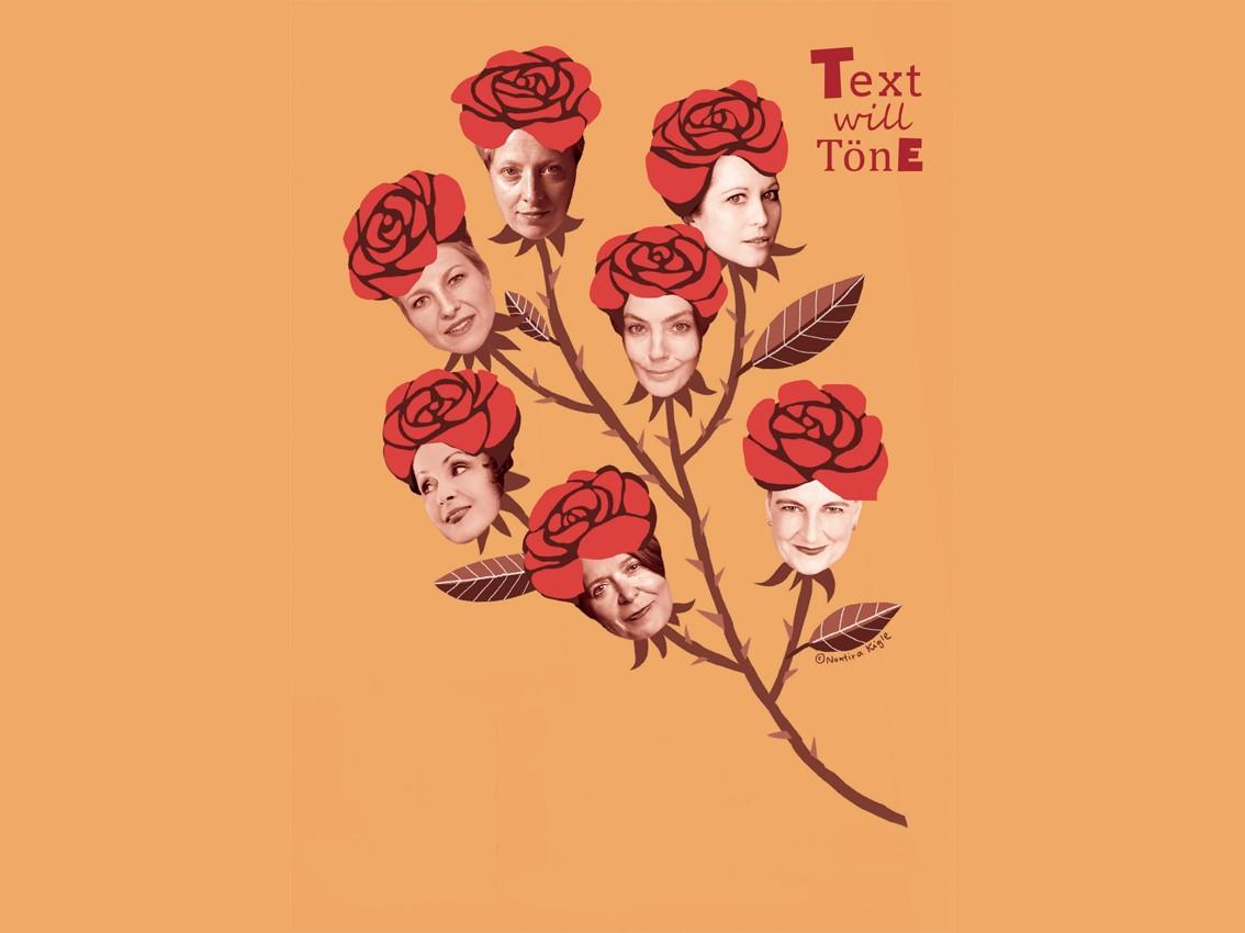 Die Köpfe von sieben Sängerinnen werden als Blütenköpfe von sieben Rosen dargestellt.