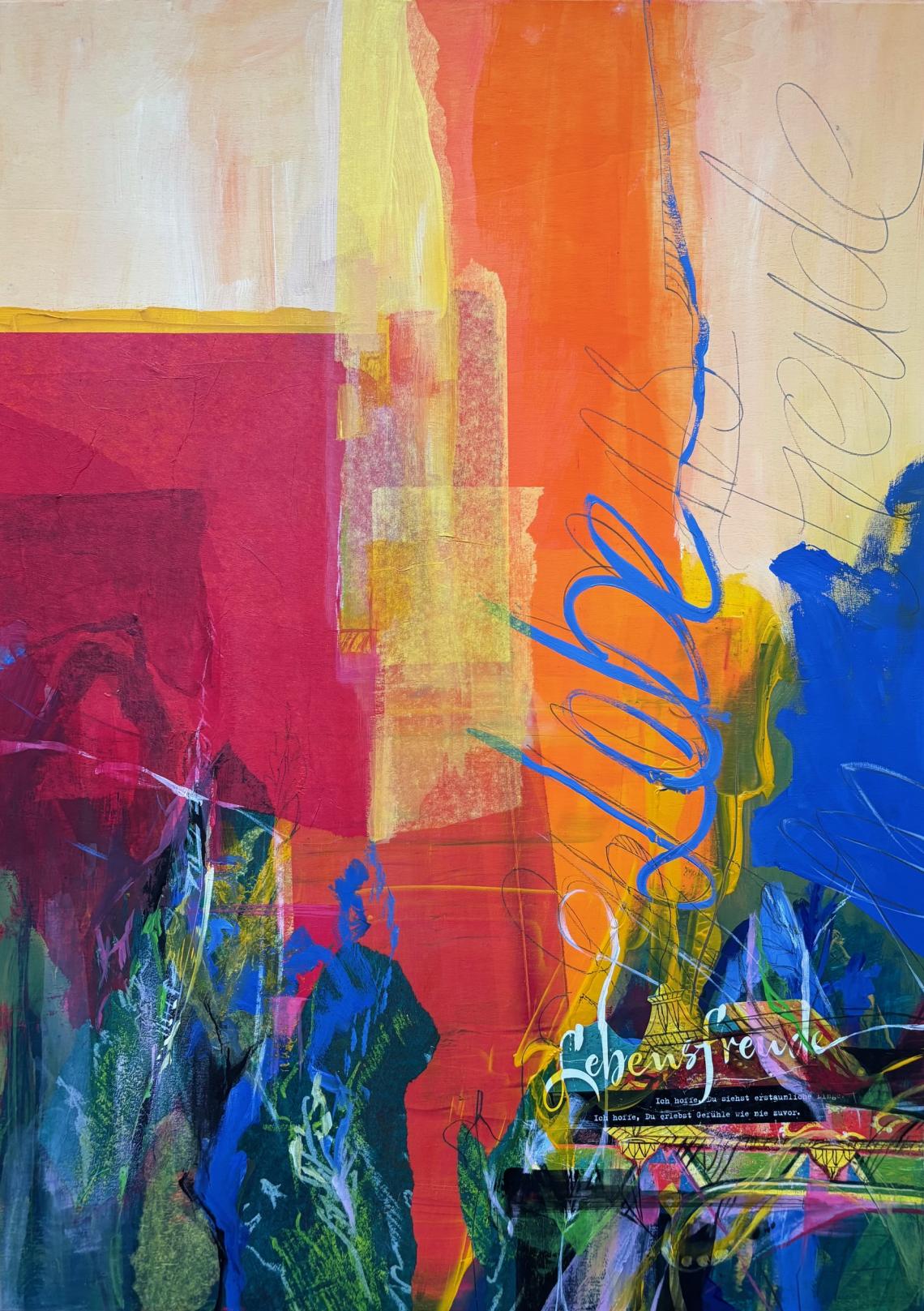 Ein abstraktes Gemälde in Rot, Gelb, Orange und Blau