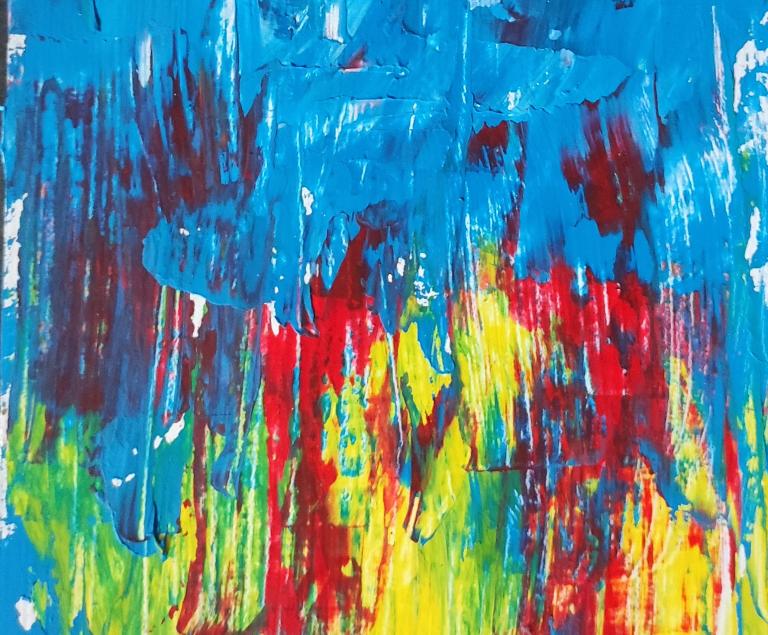 Abstrakte Malerei, in der die Farben Hellblau, Rot und Gelb dominieren.