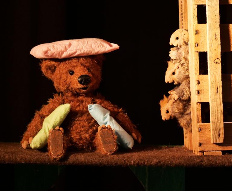 Eine Bärenpuppe mit einem Kissen auf dem Kopf. Foto: Albert Kapfhammer